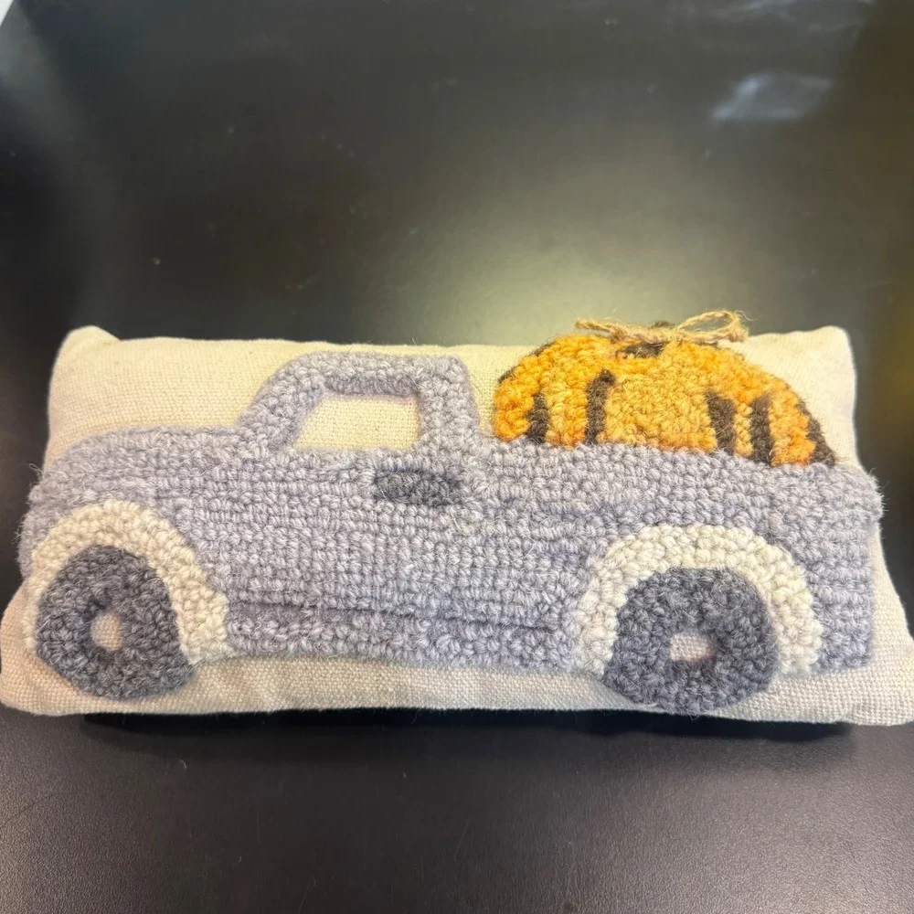 Punch Needle Pumpkin Truck Decorative Pillow Small Grey Orange Farmhouse Fall
